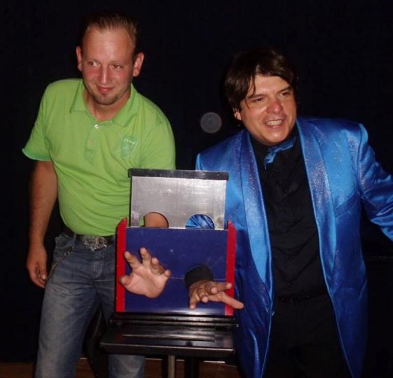 Magician Olivier Klinkenberg OK MAGICS interactive stage magic illusion with spectator in Tenerife Spain September 2015